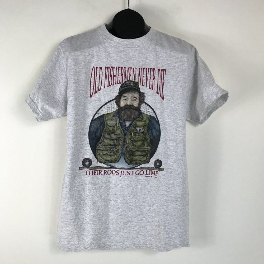 Vintage Peggy Murray Old Fisherman Graphic T-Shirt Men's Large Gray Crew Neck
